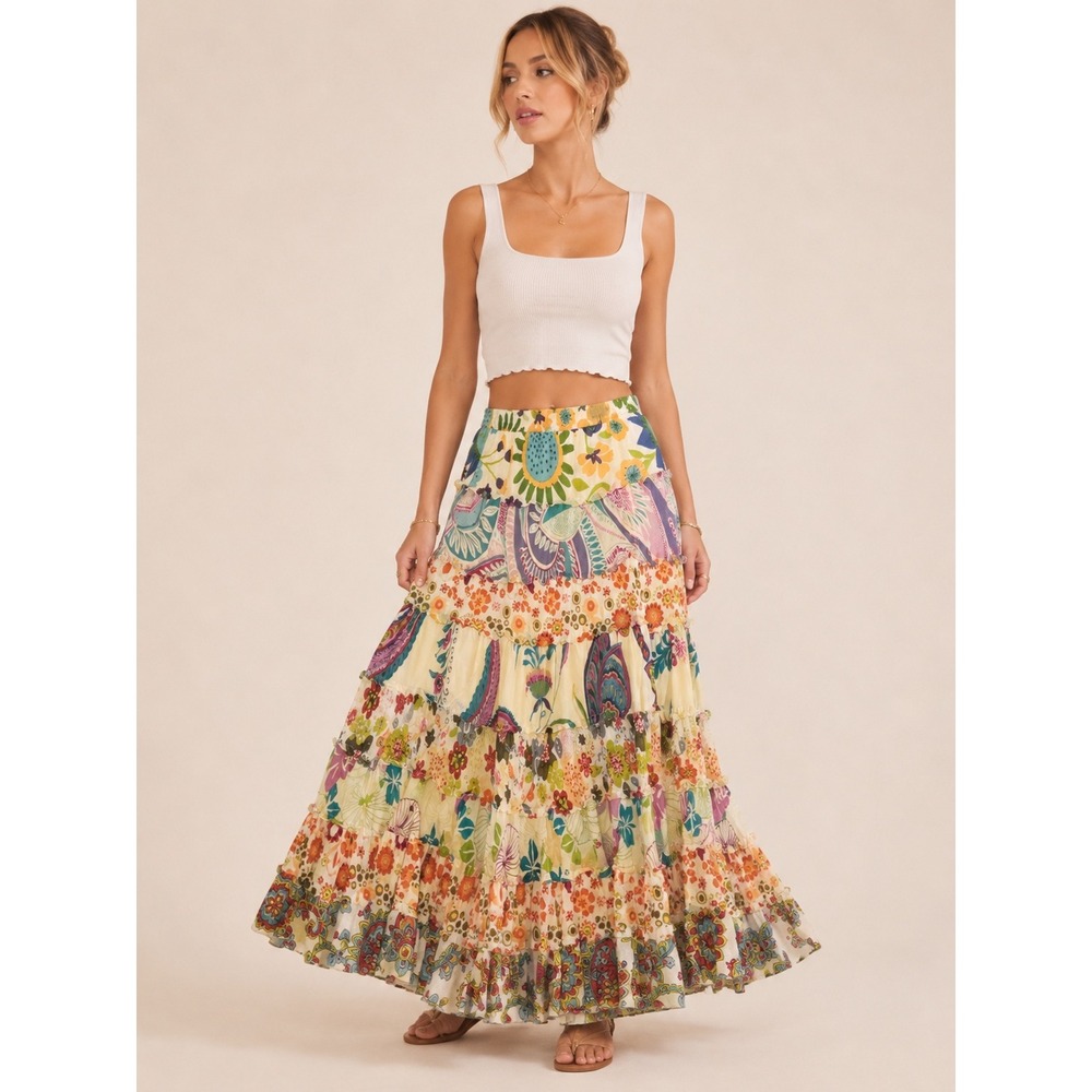 Boho Floral Patchwork Tiered Maxi Skirt Cotton Multi-Color Medium